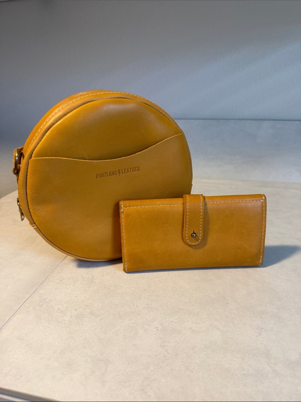 Portland Leather Caramel Round Crossbody Bag with Matching Wallet